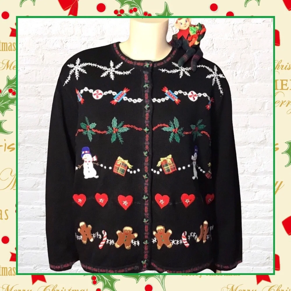 New Christmas Sweater with Snowmen, Snowflakes & Gingerbread Men - Picture 1 of 7